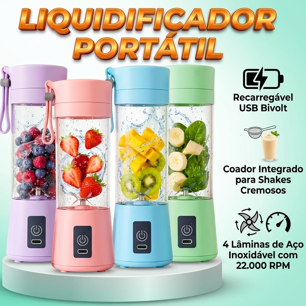 Mini Liquidificador Portátil Recarregável USB 380ml Copo Bivolt 4 Lâminas Mixer Shake Uso ou Presente