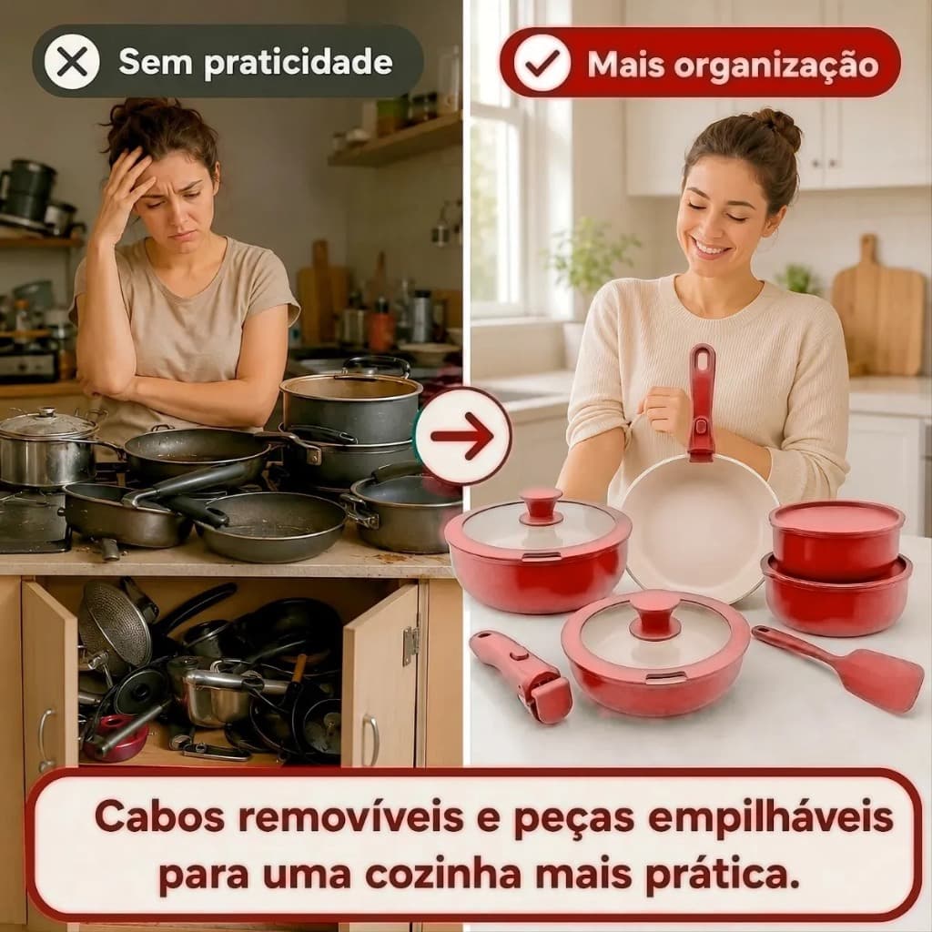 Kit Jogo de Panelas 11 Peças Antiaderente Cerâmica Premium Cabo Removível Indução Frigideira Tampa Vidro Cozinha