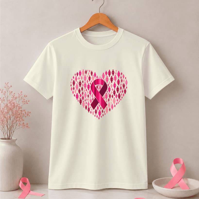 Camiseta Basica Outubro Rosa Feminina Coração com Laço 🎀 | Conscientização Câncer de Mama | 100% Algodão Premium