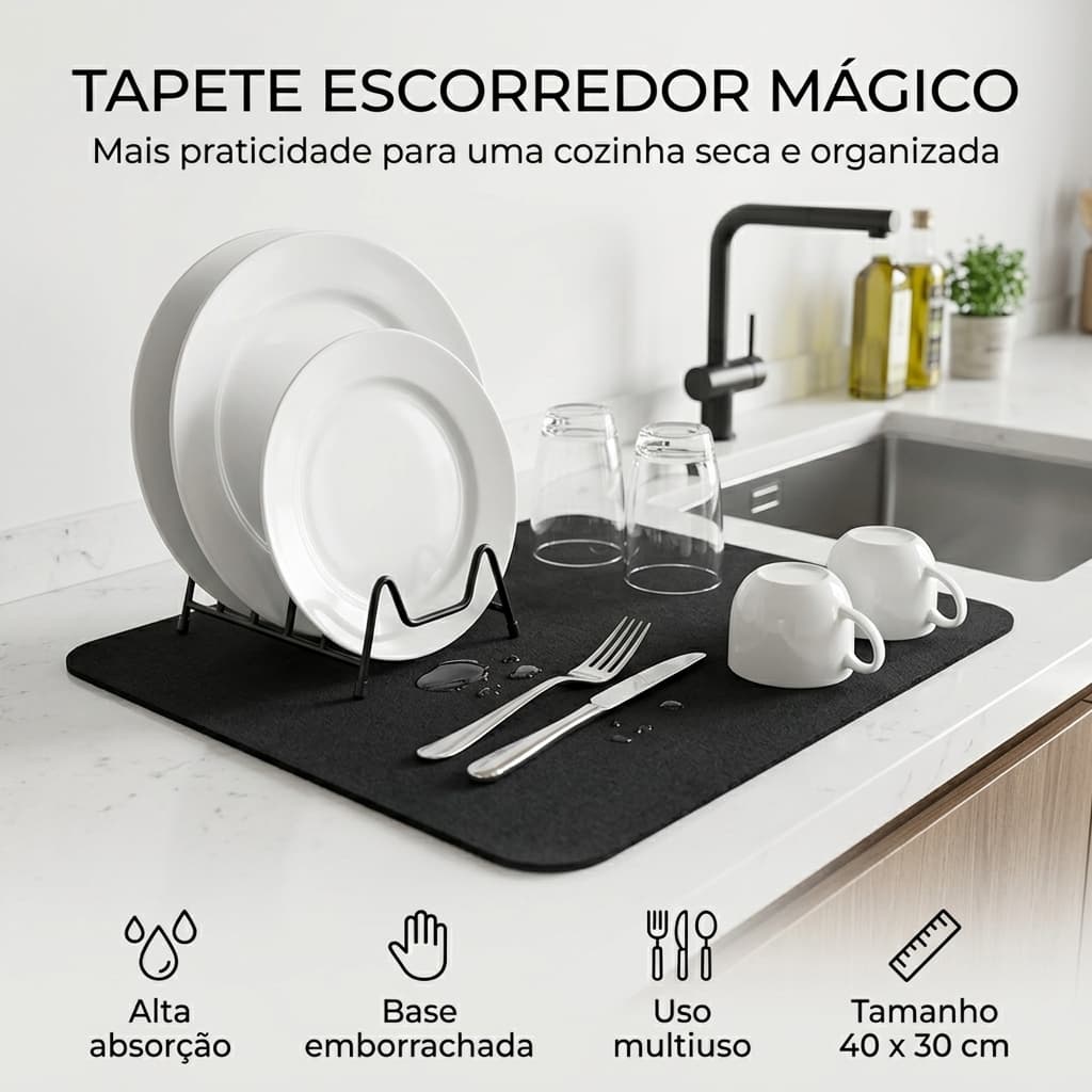 Tapete Mágico Escorredor de Louça 40x30 Alta Absorção Antiderrapante Para Pia e Cozinha