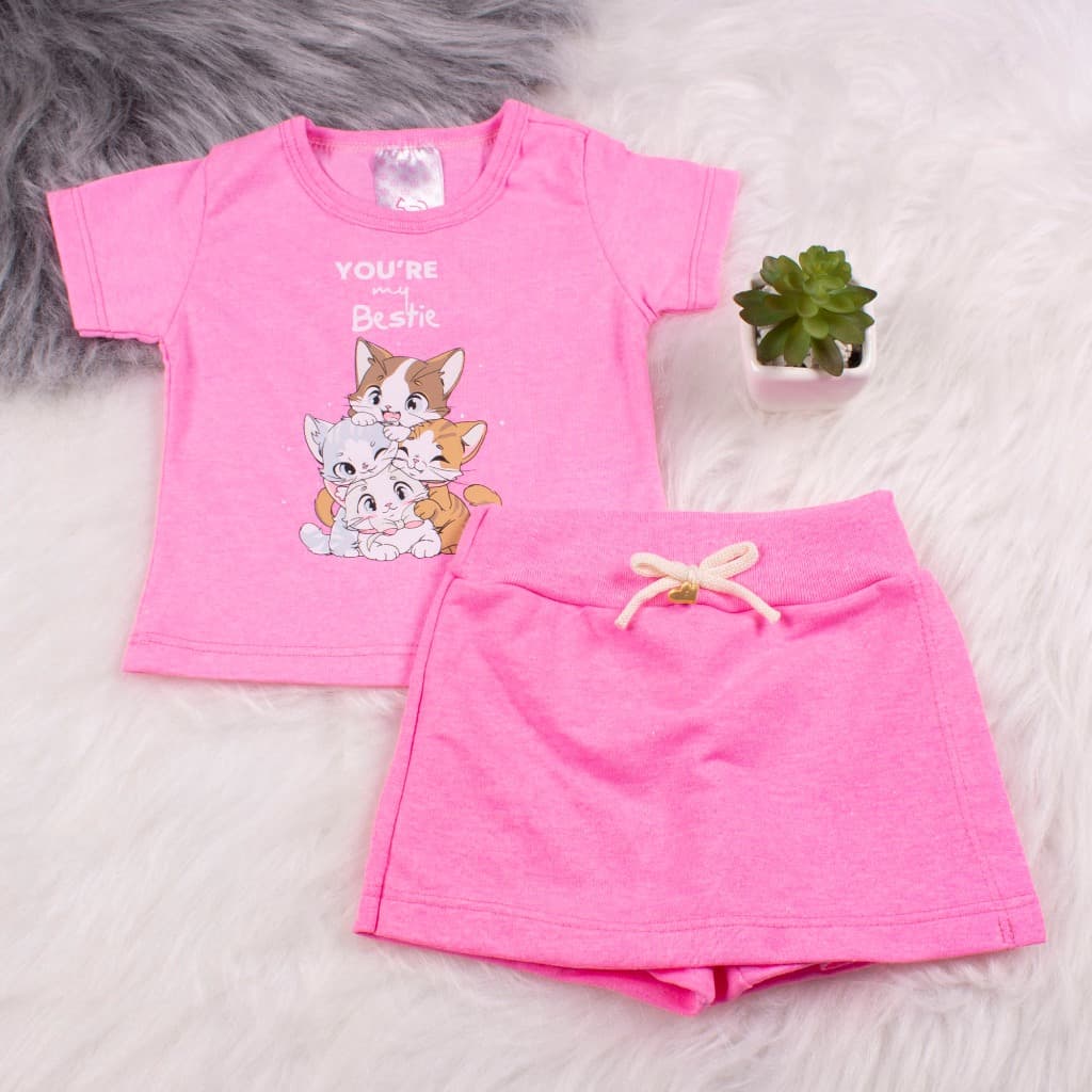 Conjunto Estiloso Para Bebê Menina 1 a 9 Meses Com Blusinha e Short-saia Cores Neon | Estampa de Gatinhos