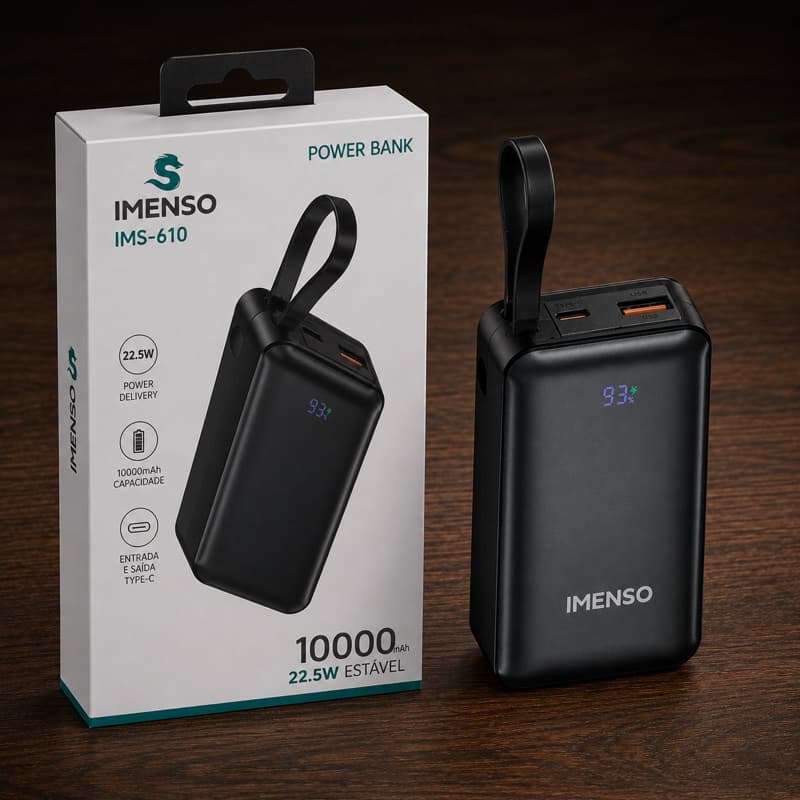 Power Bank Imenso IMS-610A 10000mAh 22,5W Carregador Portátil USB Tipo C