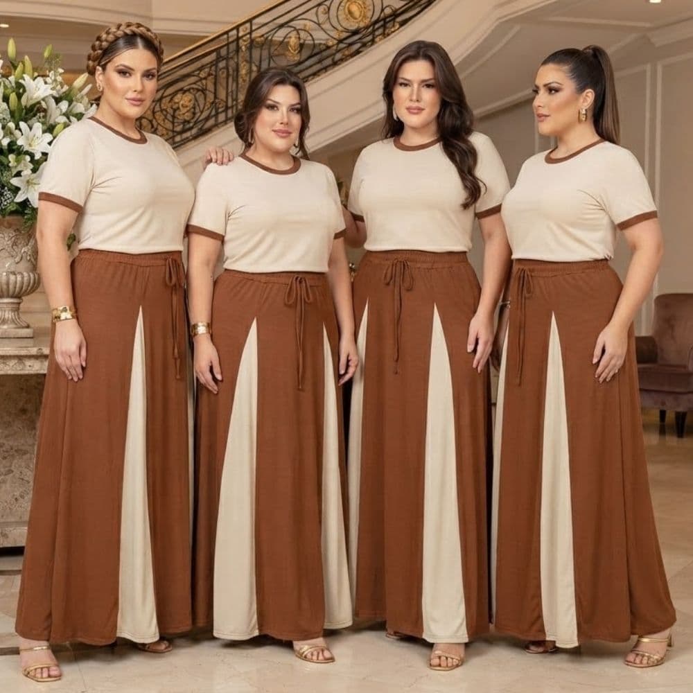 Conjunto Saia Longa Com Blusa Estilosa Manga Curta Evangelica Plus Size Para Congresso Fardamento