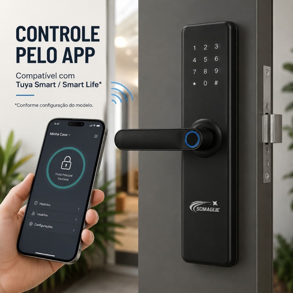 Fechadura Digital Inteligente Biometrica Senha Cartao Tuya Wifi Eletronica Porta 35 a 50mm Somague
