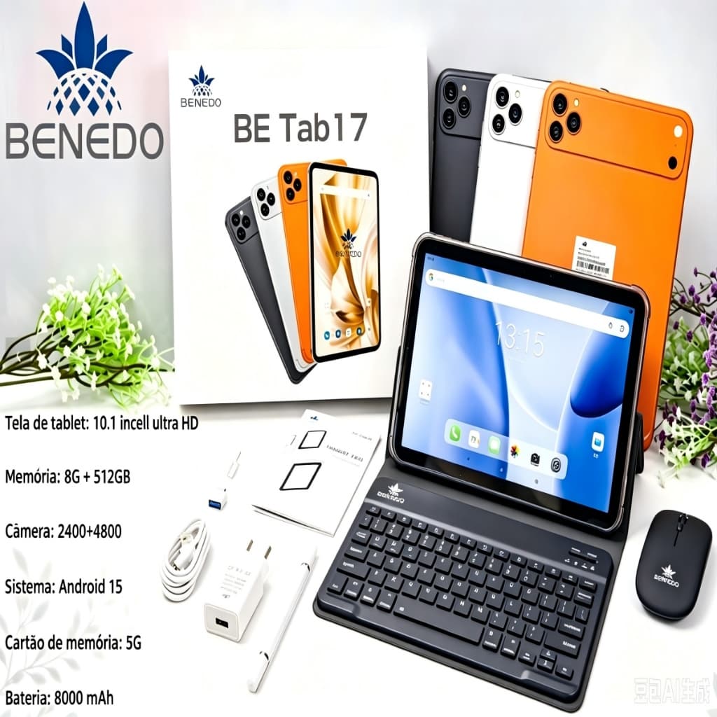 Tablet BE TAB 17 10.1 Android 15 8000mah Wifi com chip, Teclado+Mouse 8GB+512GB Câmera Bluetooth