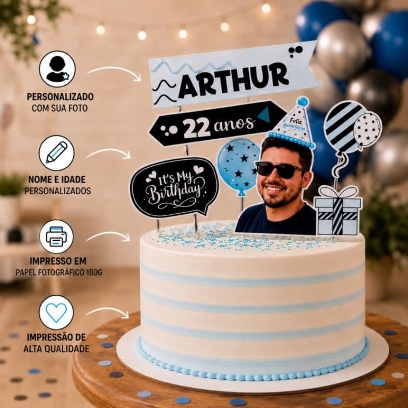 Topo de bolo masculino personalizado/ Topo de bolo com foto