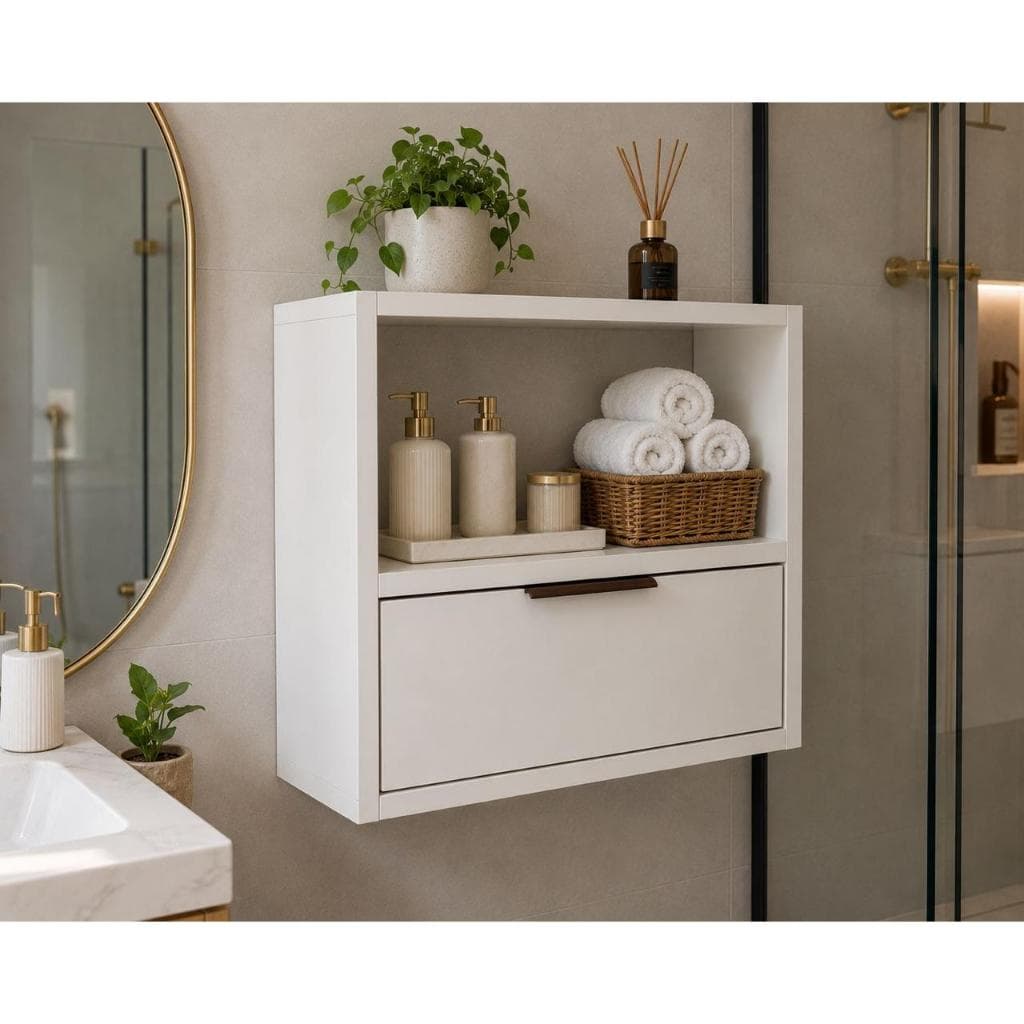 Armário Suspenso para Banheiro Lua 40x40cm | Armário de Parede com Porta e Nicho Organizador