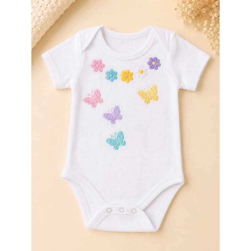 Body Bebê Menina Manga Curta Florzinhas e Borboletas Bordado RN P M G