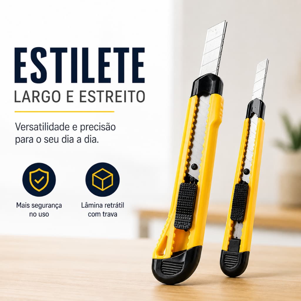 Estilete Largo e Estreito com Trava Lâmina Retrátil em Aço Cortador Multiuso