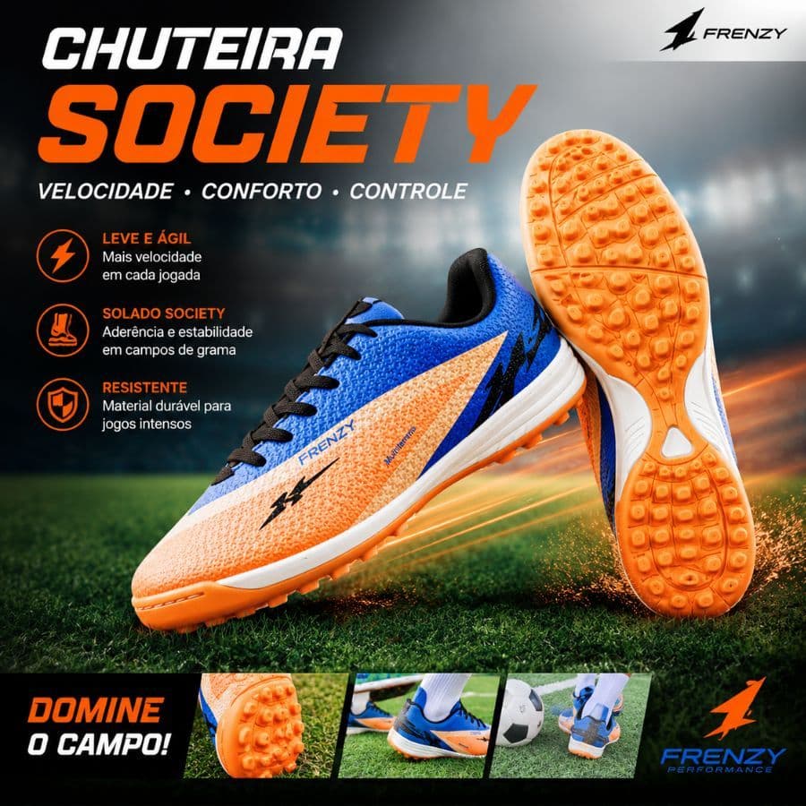 Chuteira Masculina de Futebol Chuteira de Society Grama Sintético Sola Costurada e Reforçada Original Frenzy