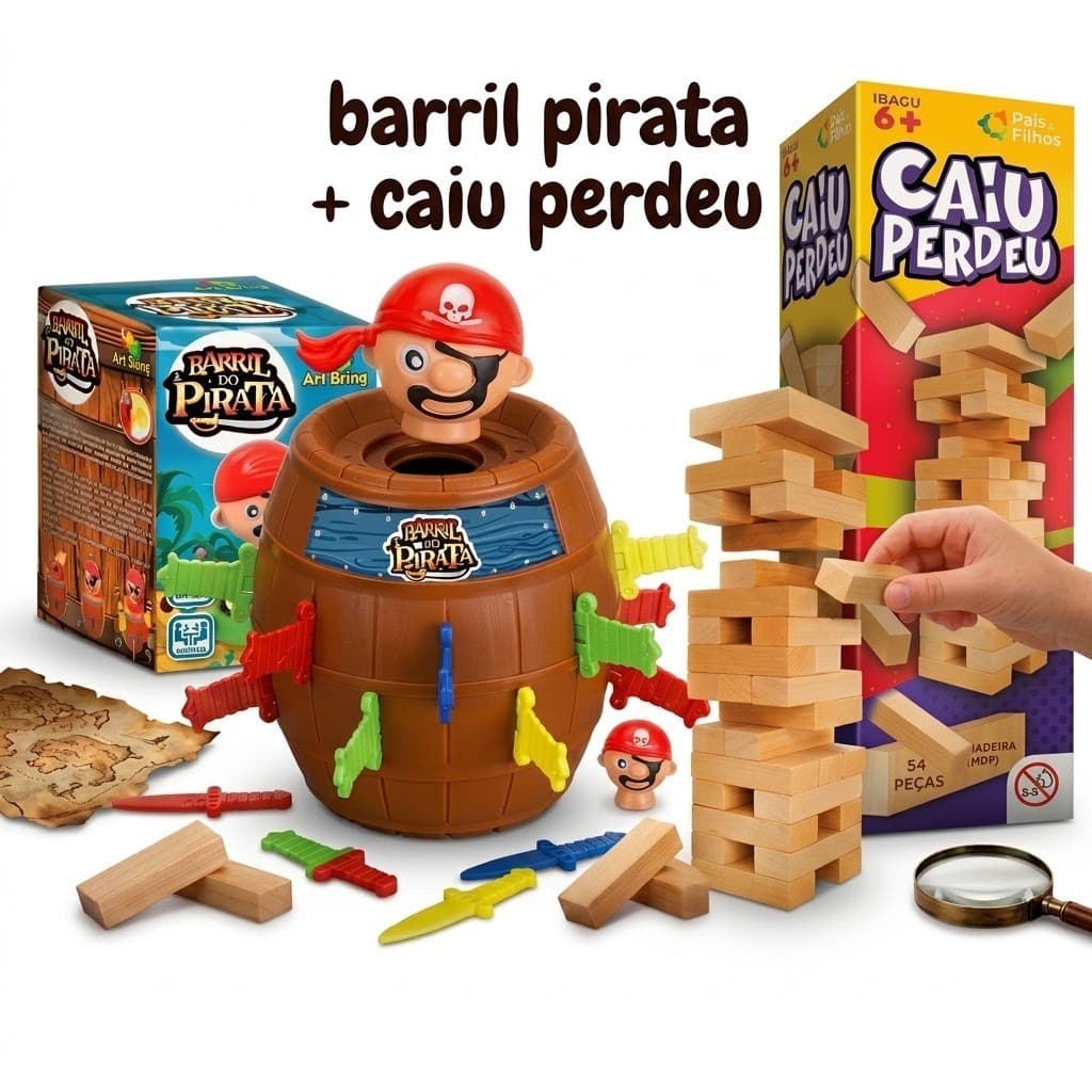 KIT CAIU PERDEU E BARRIL PIRATA BRINQUEDO INFANTIL BARRIL PIRATA ORIGINAL GRANDE JOGO INTERATIVO DE MESA TABULEIRO