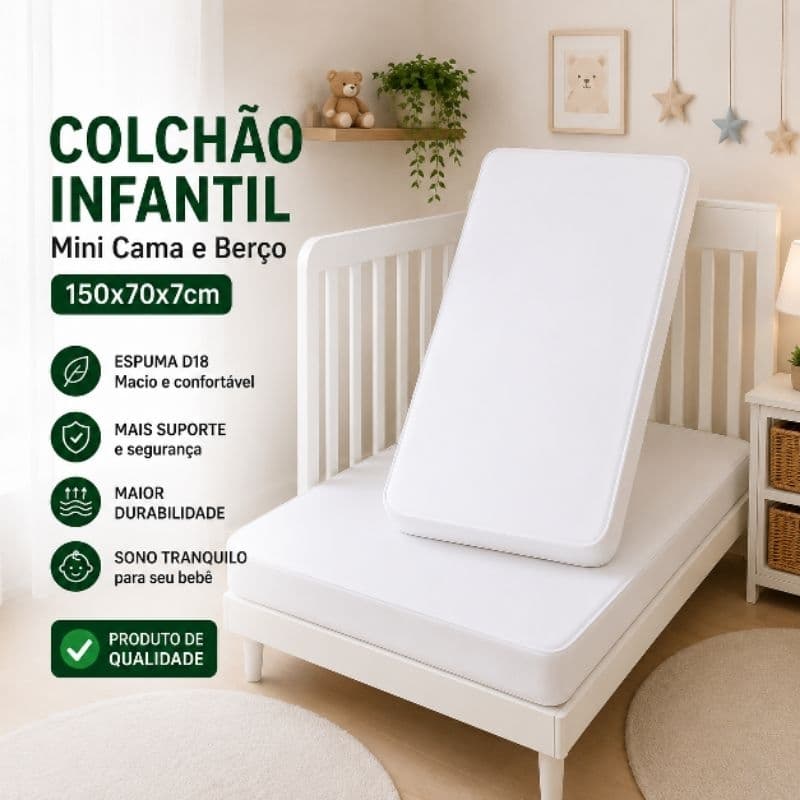Colchão Infantil D18 150x70x7cm para Mini Cama e Berço Branco