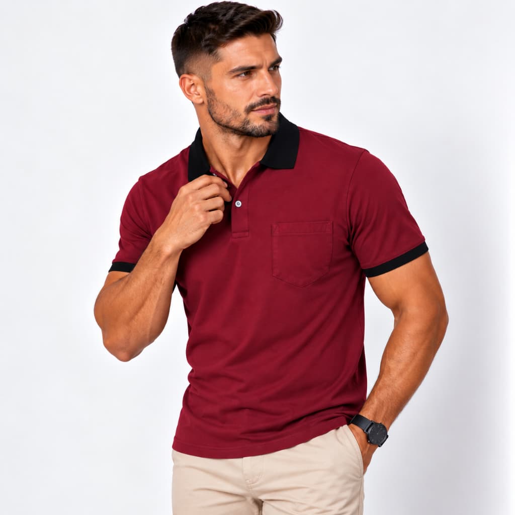 Camisa Polo Masculina Vermelho Bordo Básica com Bolso 100% Algodão Casual