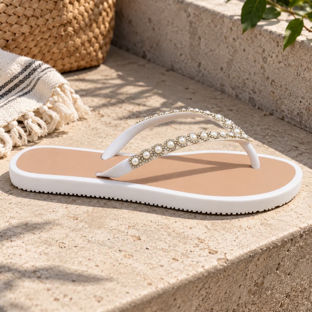 Chinelo Feminino com Pérolas Strass Rasteirinha Delicada Confortável Elegante Verão Praia Passeio