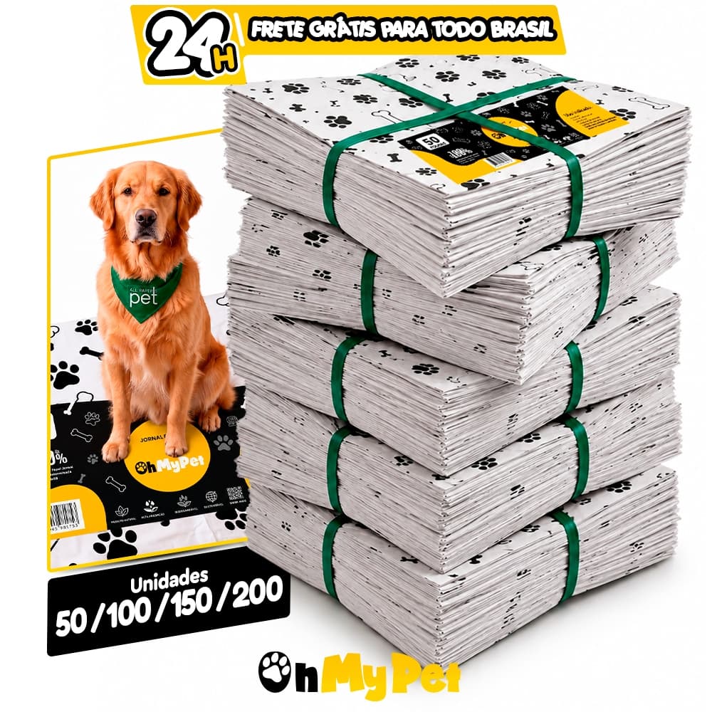Tapete Higiênico Para Cachorro Jornal Higiênico Alta Absorção Premium OhMyPet 200 Unidades 56x63cm