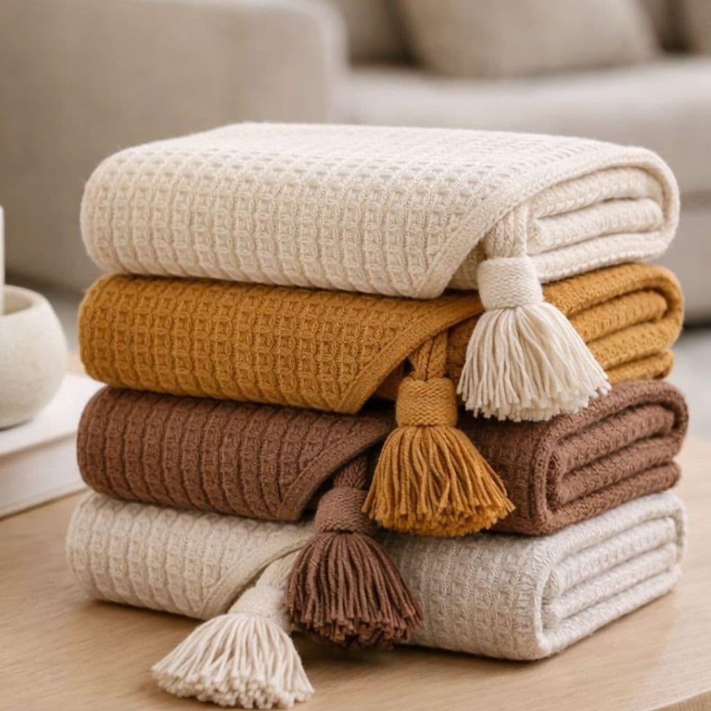 Manta Xale Pompom 1,40 X 1.40 Decorativa Cru em Algodão com Pompom Para Sofa Top