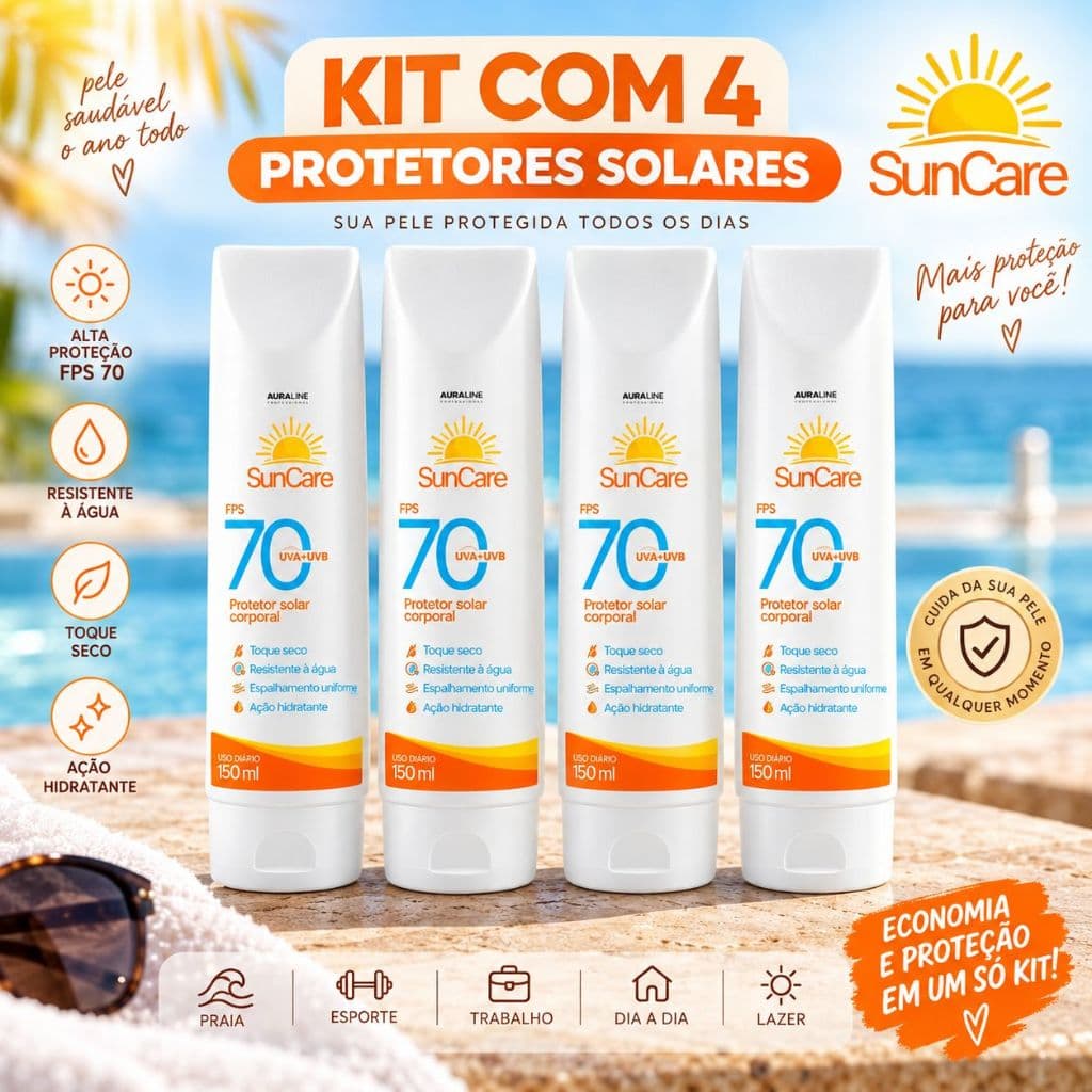 Kit 4 Protetores Solares SunCare FPS 70 Corporal 150ml UVA UVB Toque Seco
