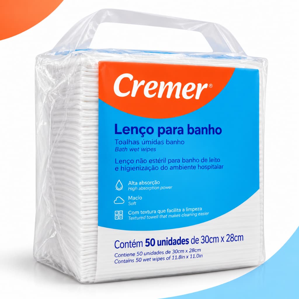 Lenço Para Banho Higiene - Wipes 30cm x 28cm  C/50 Unidades Cremer