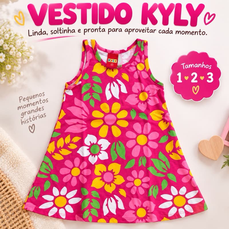 Vestido Infantil Menina Kyly Florido Pink Sem Manga Tamanho 1 2 3 Roupa Infantil Verão