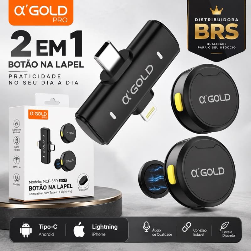 Microfone de Lapela Sem Fio A’Gold Duplo 2 em 1 Magnético para iPhone e Tipo C Entrevista Podcast Vídeo Live e Gravação
