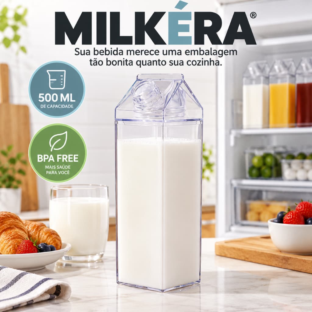 Garrafa Acrílica Transparente 500ml ou 1 Litro para Leite Água Suco com Tampa Rosqueável Organizadora Geladeira