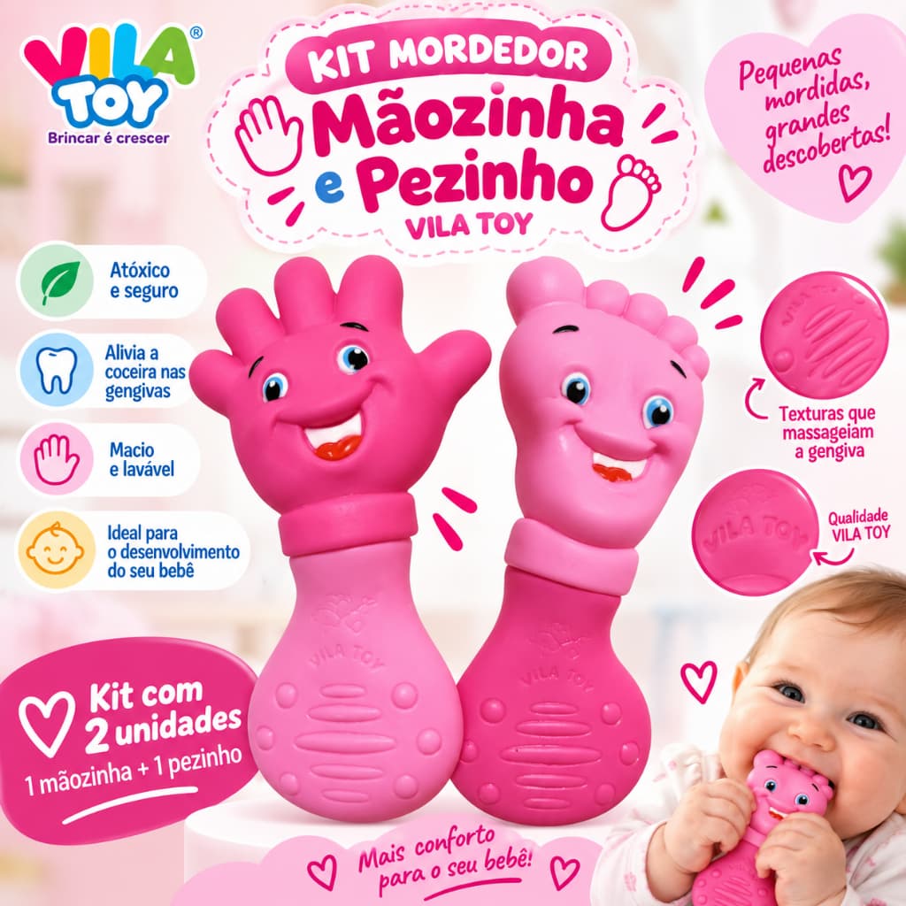 Kit Mordedor Infantil Vila Toy Menina Rosa Mãozinha Pezinho Atóxico Alívio Primeiros Dentinhos