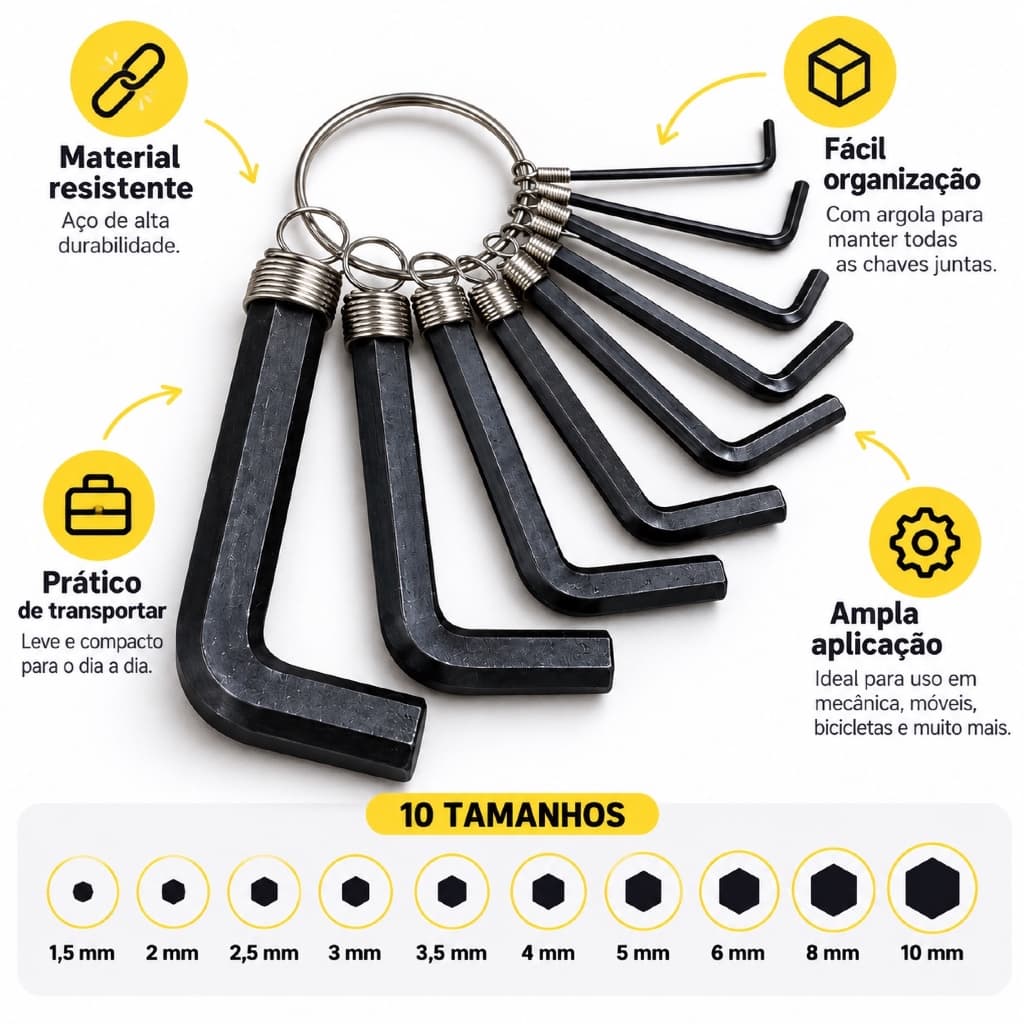 Jogo Chave Allen Hexagonal 10 Peças 1,5 a 10 mm Aço Resistente Manutenção