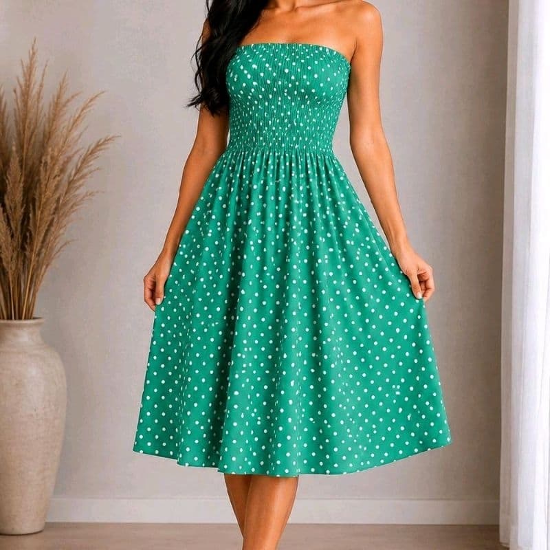 vestido poa tomara que caia,vestido fresquinho para verão,moda verão 2026 , tendência vestido básico elegante,,