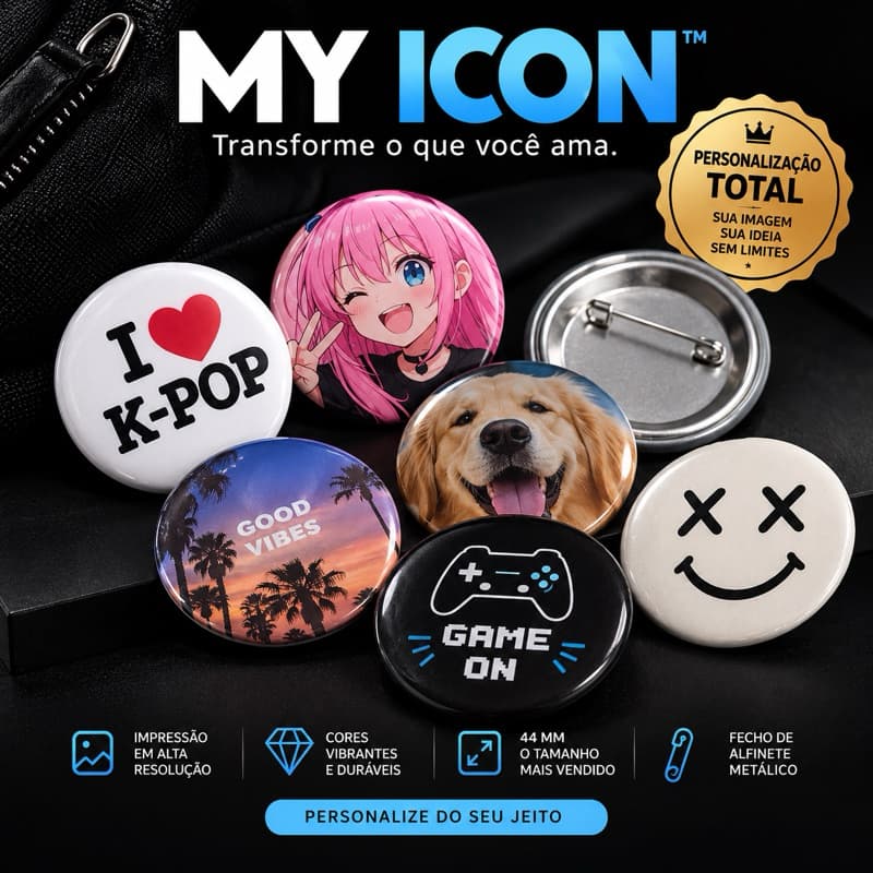 Botton Personalizado 44mm Kit 5 Unidades | Botton com Foto, Logo, Frase ou Tema