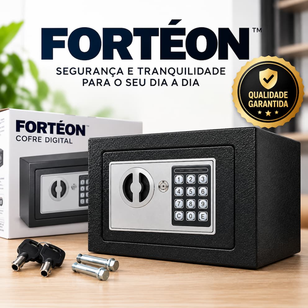 Cofre Eletrônico Digital com Senha e Chave de Emergência em Aço Reforçado Preto FORTÉON™