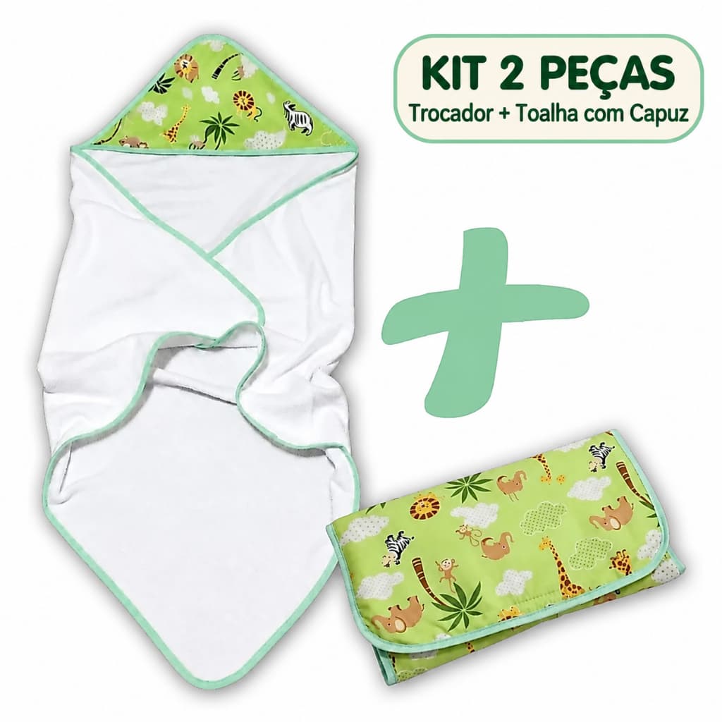 Kit Enxoval Bebê 2 Peças Trocador Portátil Impermeável e Toalha de Banho com Capuz