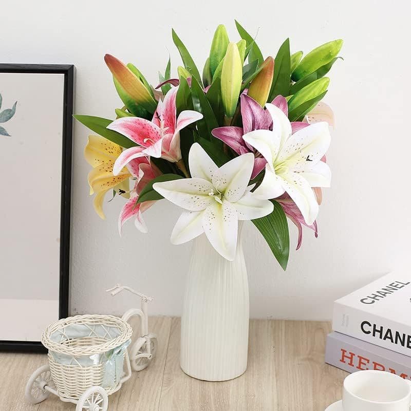 Kit 8 Lírios Artificiais 4 Cores com 2 Botões, Flores Decorativas para Vaso, Buquê, Arranjo Floral, Casa e Festa