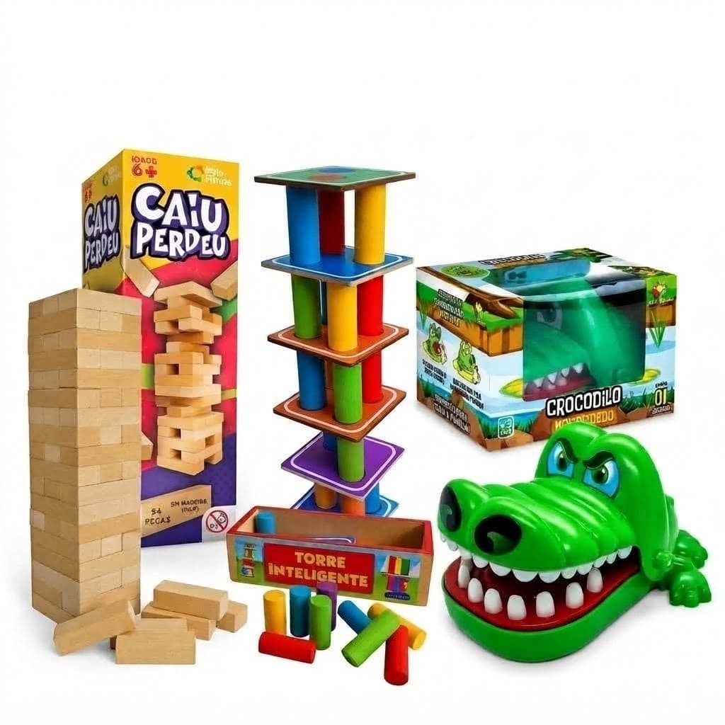 Jogos Educativos: Torre De Equilíbrio Madeira + Caiu Perdeu + Crocodilo Morde Dedo