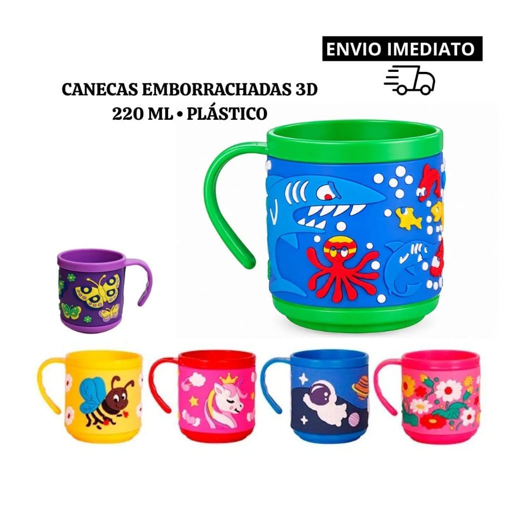Caneca Emborrachada 3D Infantil 220ml Plástico Criança Escola Creche Menino Menina