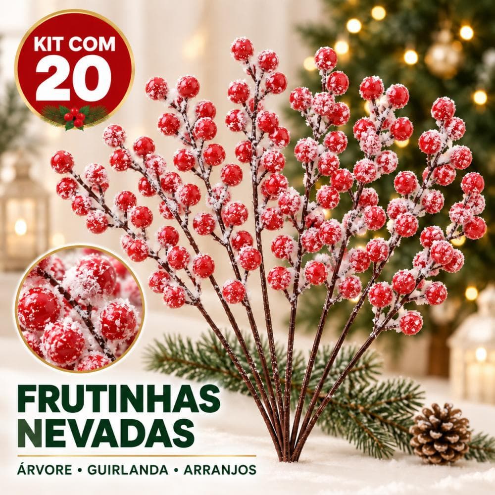 Kit 20 Galhos de Frutinhas Vermelhas Nevadas, 12 Frutos por Galho, Pick Berry Artificial para Árvore, Guirlanda e Arranj