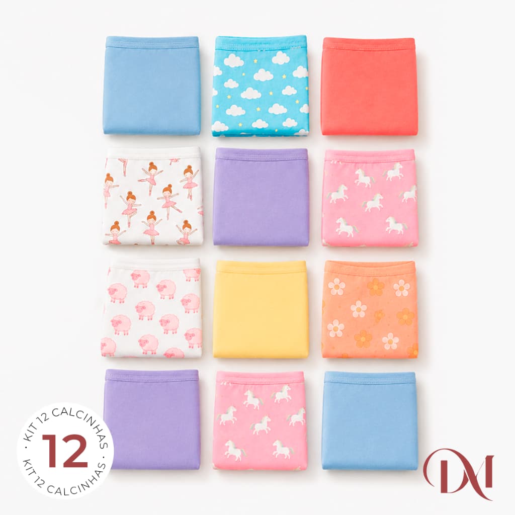 Kit 12 Calcinhas Shortinho Boxer Infantil Para Meninas em Algodão 100% Estampas Diversas e Macias