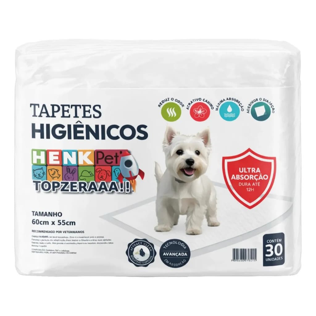 Tapete Higiênico Cães Henk Pet 60x55cm 30 Unidades Ultra Absorção Não Vaza