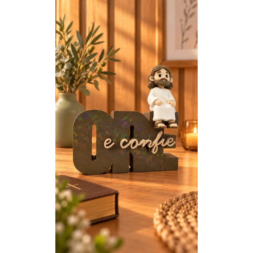 Mini Jesus 7,5 cm com Plaquinha Ore e Confie | Decoração Cristã em Impressão 3D