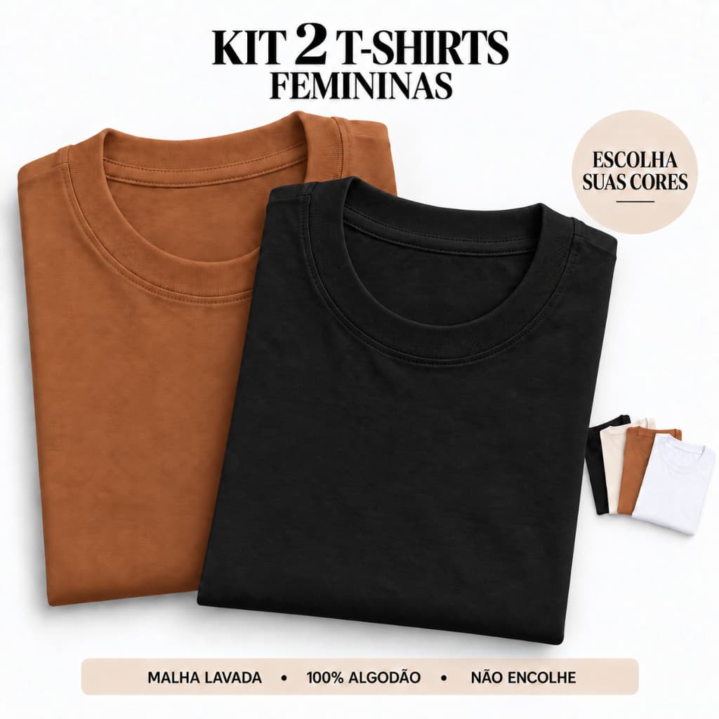 Kit 2 Camisetas Femininas Malha Lavada 100% Algodão Fio 30.1 Não Encolhe T-Shirt Básica Do P ao GG Blusinha