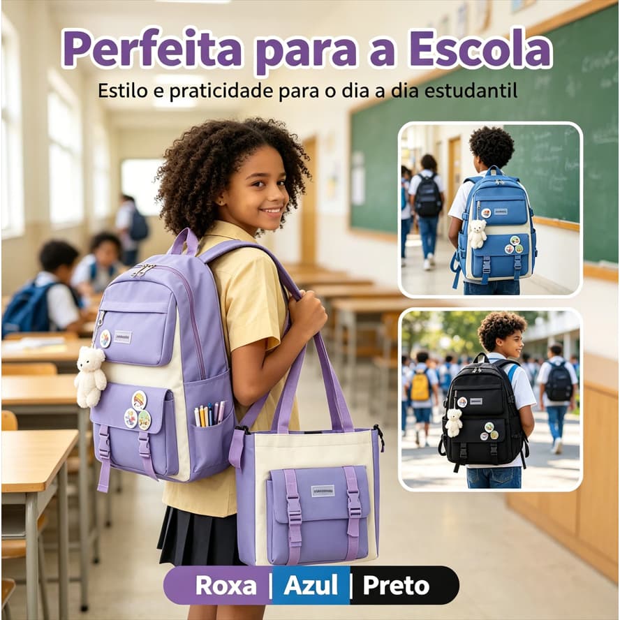 Kit Mochila Escolar 5 Peças, Mochila + Bolsa + Estojo + Necessaire + Saco, Kit Escolar Composto para Estudante