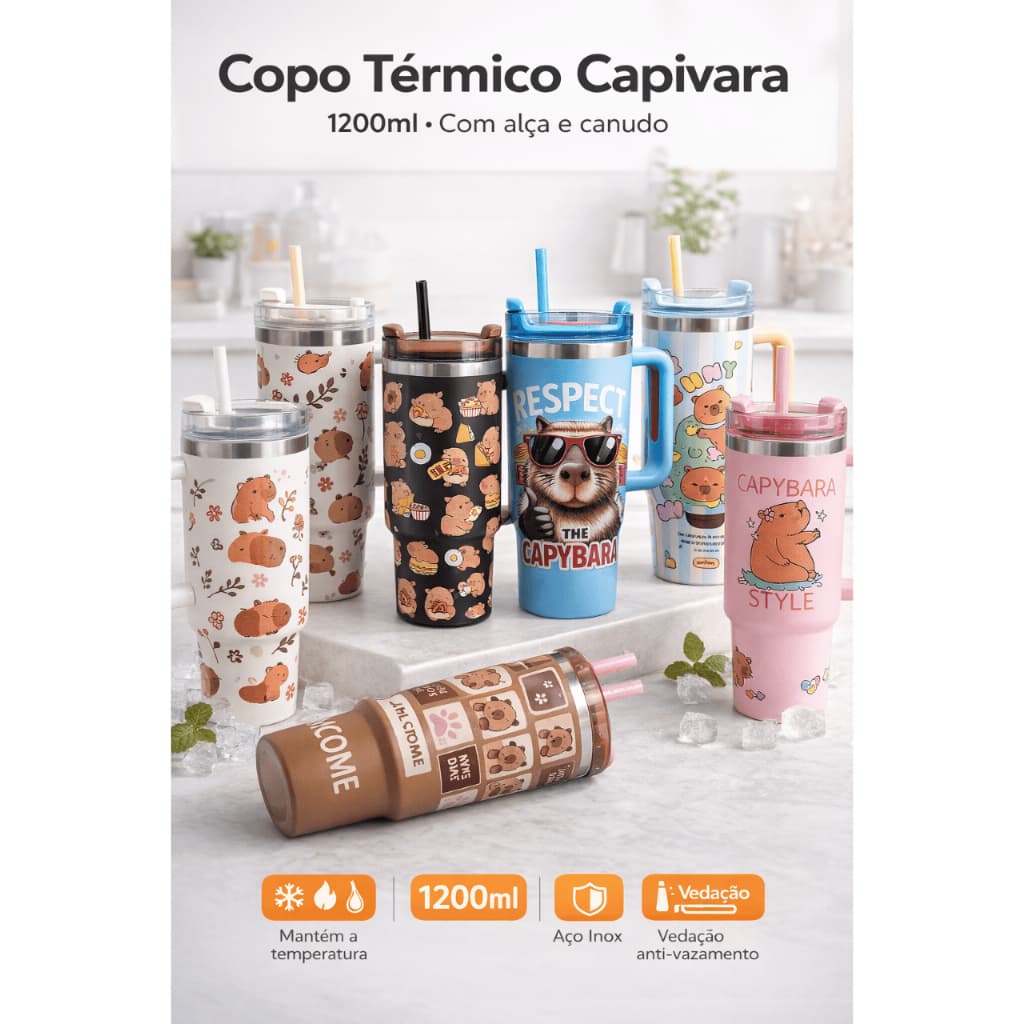 Copo Térmico Capivara 1200ml Camada Dupla Inox Alça Tampa E Canudo 12h Frio