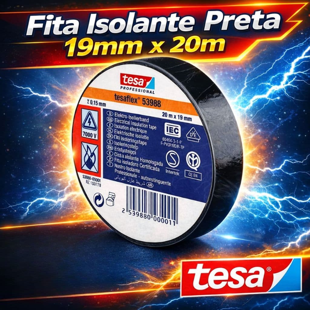 Fita Isolante Tesa Preta 19mm x 20m Ideal para Reparos Elétricos e Fixações em Geral