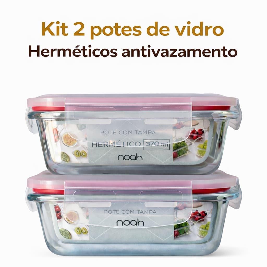 Conjunto 2 Potes de Vidro Hermético com Tampa 4 Travas 370ml Vasilha Frasco Recipiente Marmita Pote