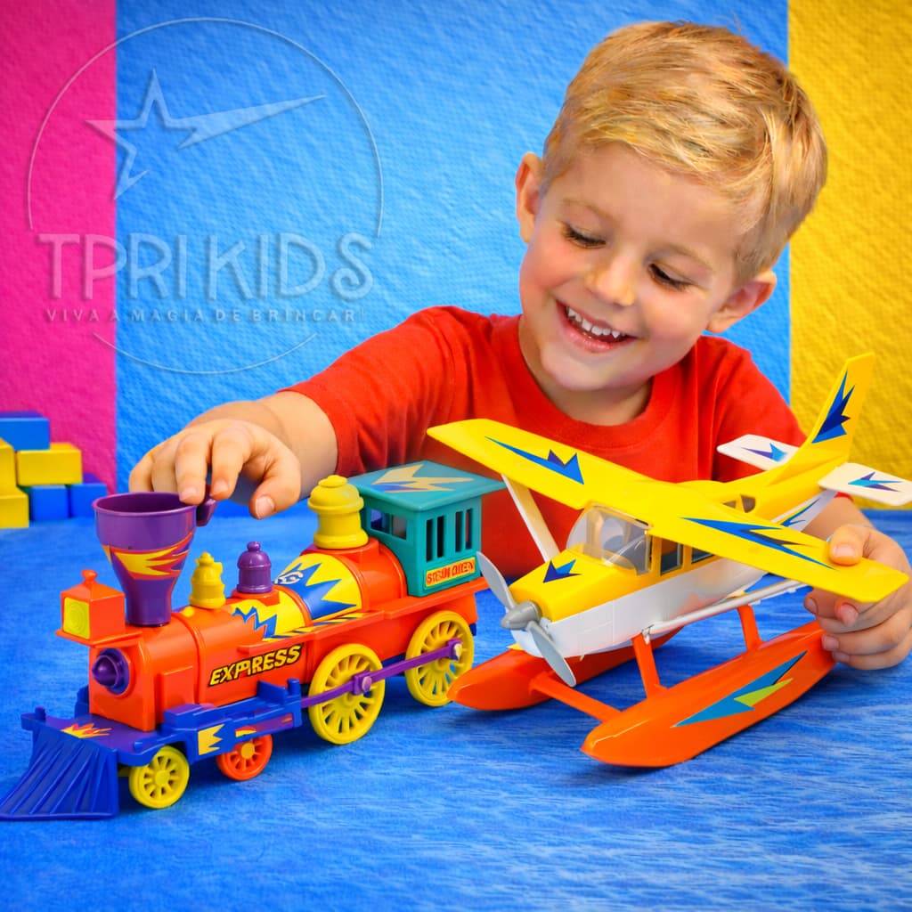 Kit Avião Trem Brinquedo Infantil Hidroavião Flutua Água Locomotiva Expresso Maria Fumaça Menino