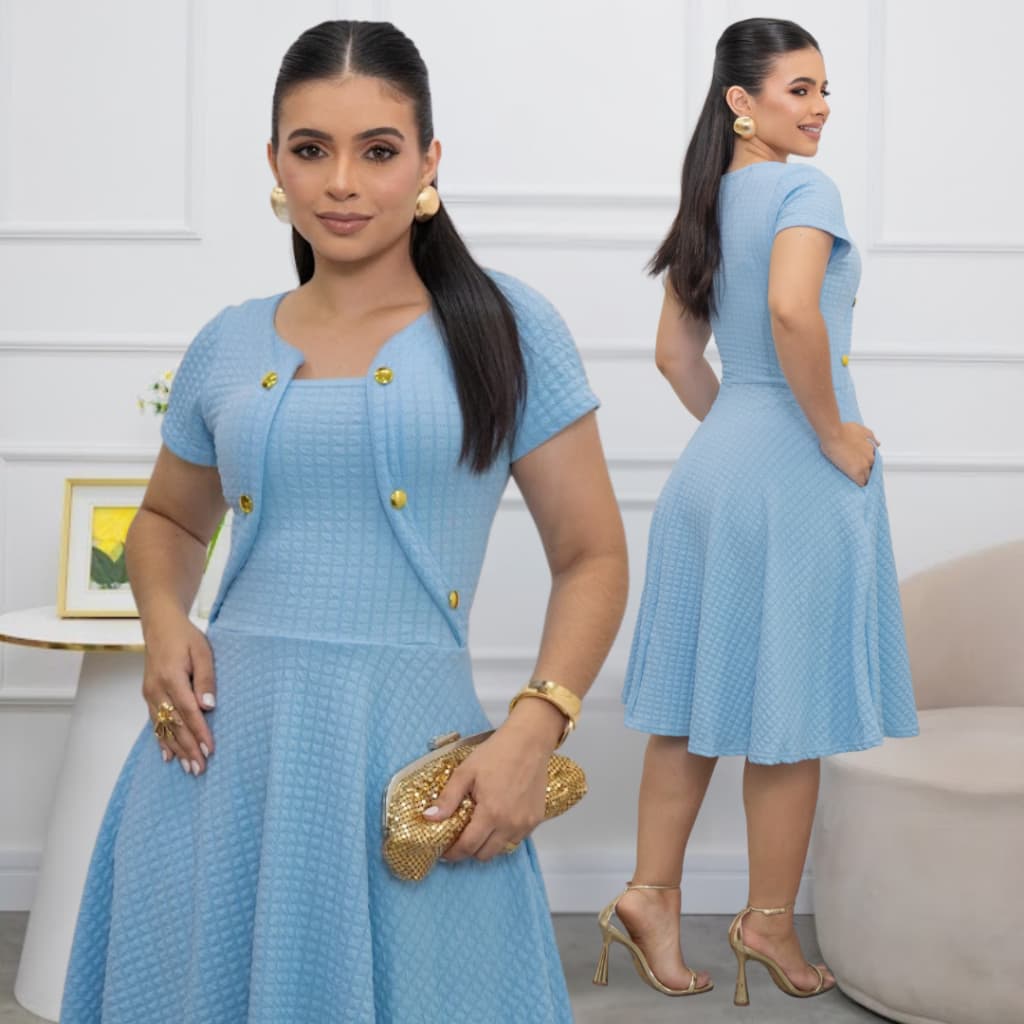 Vestido Midi Gode Rodado Mavie Tecido Bubble Com Botão Dourado
