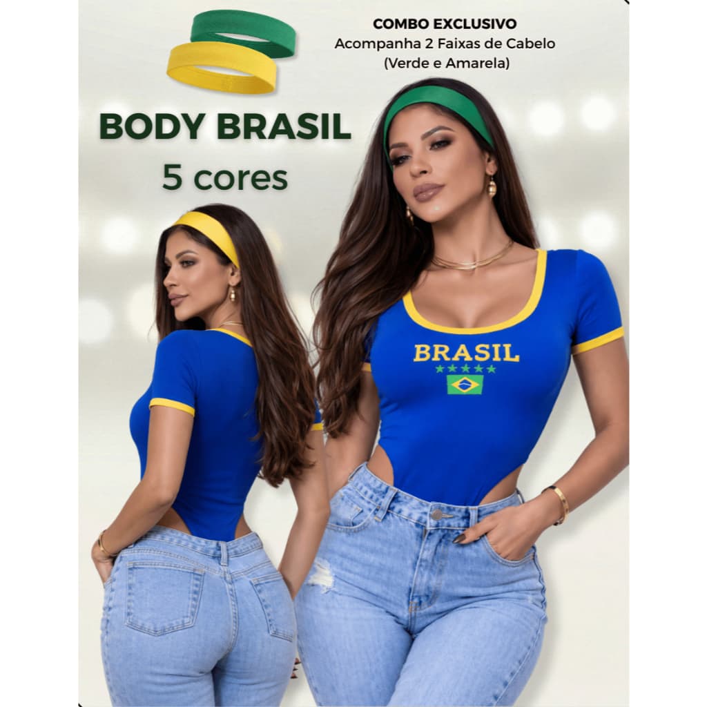 Body Cavado Brasil Feminino Manga Curta Ribana Algodão Premium Decote Quadrado Faixa Cabelo Copa do Mundo Seleção