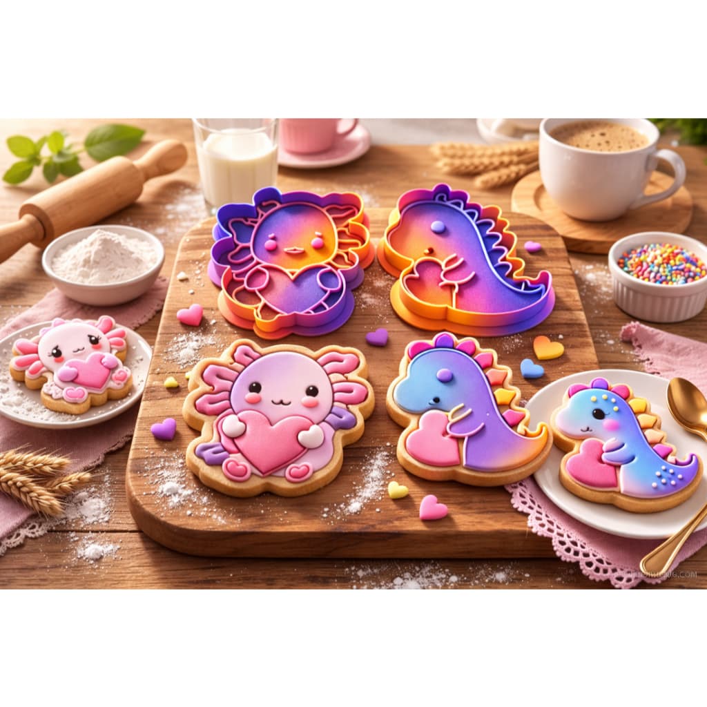 Molde de Carimbo e Cortador de Biscoito Axolote e Dinossauro 3D Kit Cortadores para Confeitaria Pasta Americana e Cookie