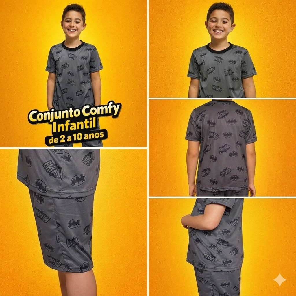 Conjunto Menino Curto Batman Camiseta e Bermuda Roupa Dia a Dia (2 ao 10)
