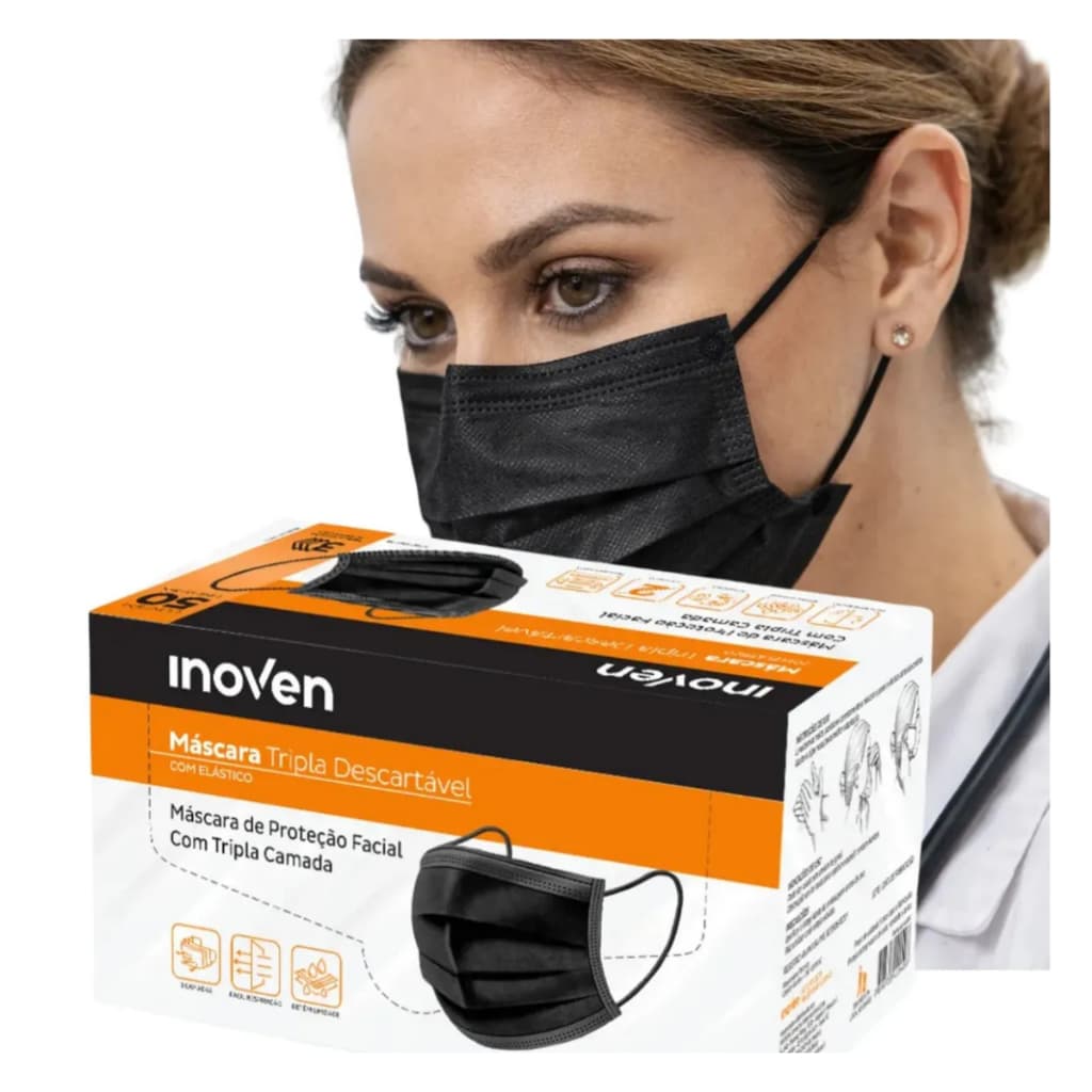 Kit 50x Máscara Descartavel Preta Camada Tripla Proteção Facial Uso Profissional e Casual