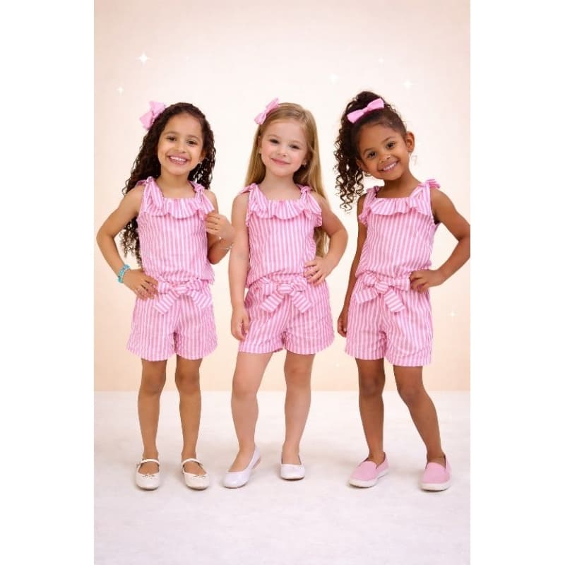 conjunto criança infantil menina listrinha short e blusa 100% algodão